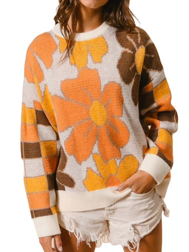 Floral and Gingham Mixed Sweater Top for wholesale by Vanilla Monkey