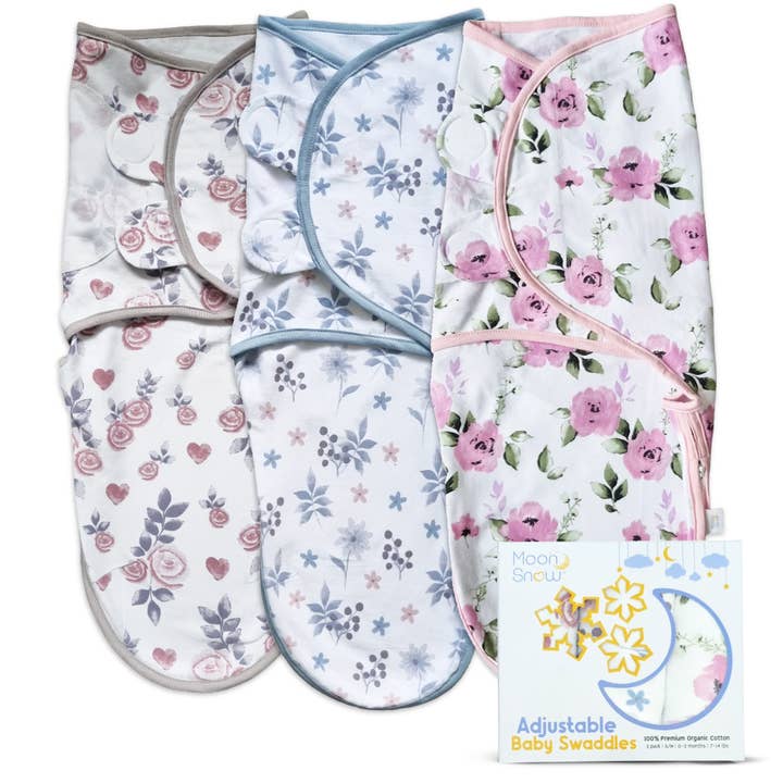 Organic Adjustable Baby Swaddle Wrap Nappy Access FLORAL for wholesale by Moon Snow®