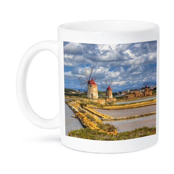 3dRose, Italy, Sicily, Trapani. Salt pans and windmills, Mug for wholesale by 3dRose
