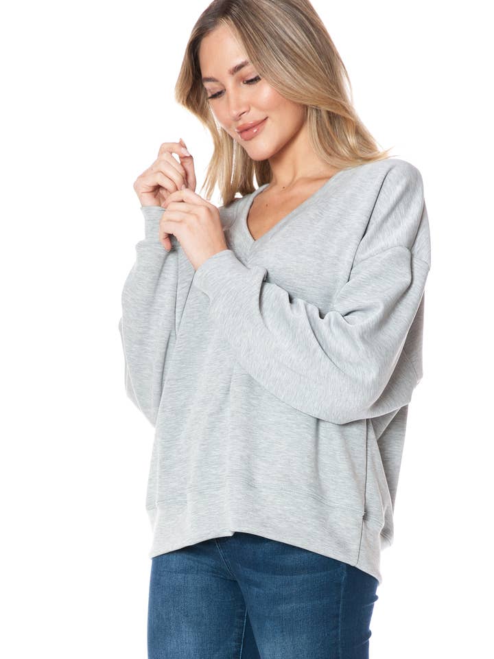 TB06-KB02 Heather Grey, Long Sleeve V-Neck Scuba Top for wholesale by Brooklyn Isles