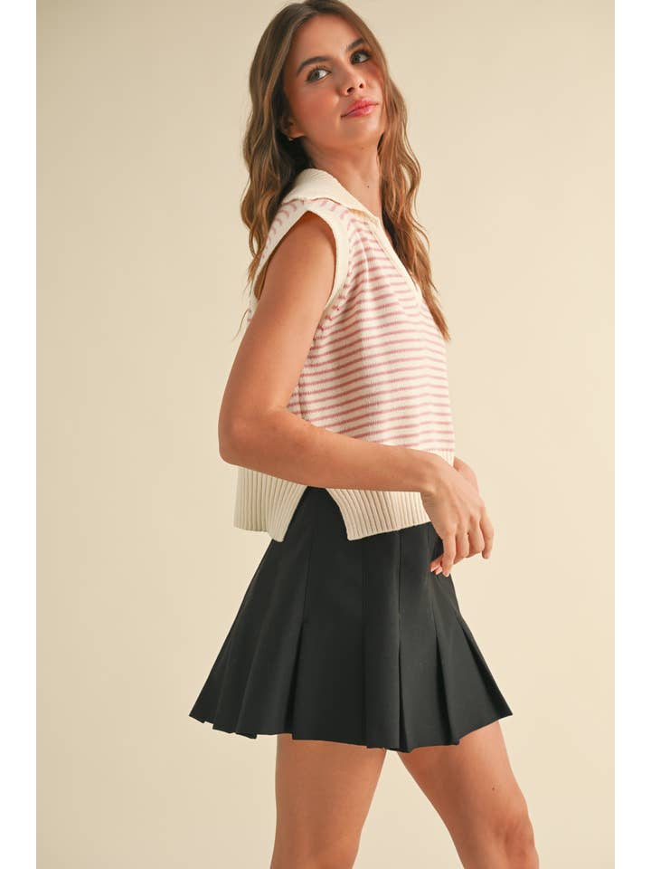 MIOU MUSE - Wholesale Knit Top - Women's - T3789 V-NECK STRIPE COLLAR KNITTED TOP