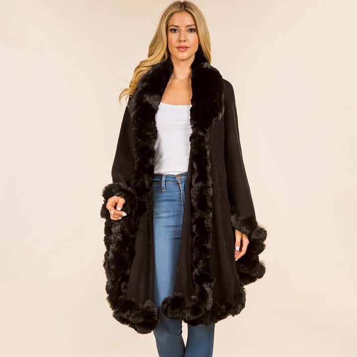 Sensibling Corp. - Vente Poncho – femme - Poncho Cape Flottant à Bordure en Fausse Fourrure3