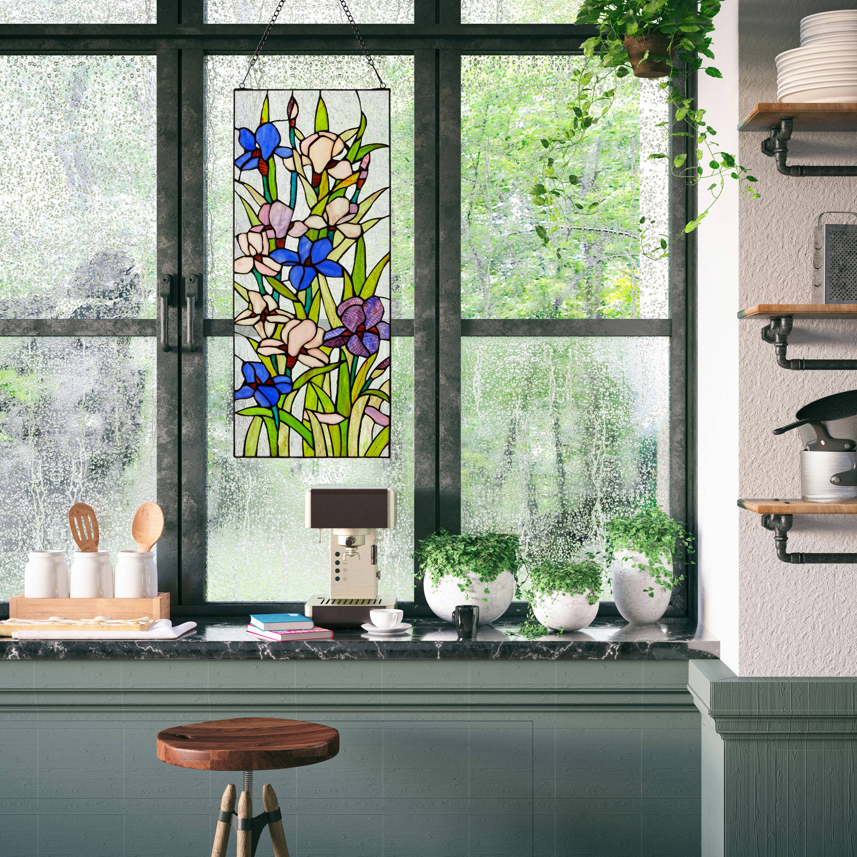 River of Goods - Wholesale Suncatcher - 28"H Floral Purple Iris Stained Glass Window Panel