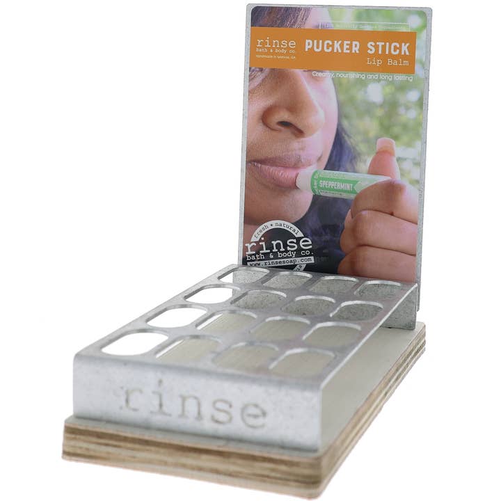 Pucker Stick Display - 4 Lip Balms Flavor for wholesale by Rinse Bath Body Inc