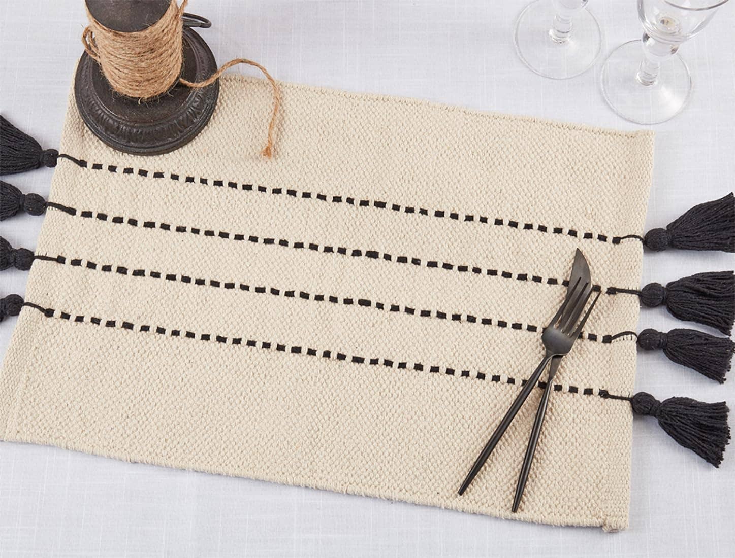 Fennco Styles - Wholesale Placemat - Stitched Natural Cotton 14"X20" Placemat with Tassels 0