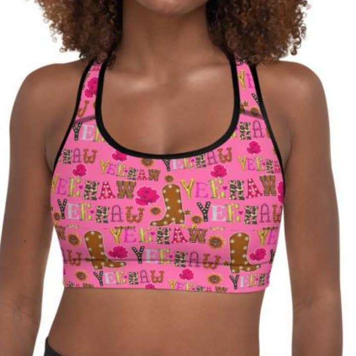 Hot Pink Yeehaw Padded Sports Bra for wholesale by BAHA RANCH WESTERN WEAR