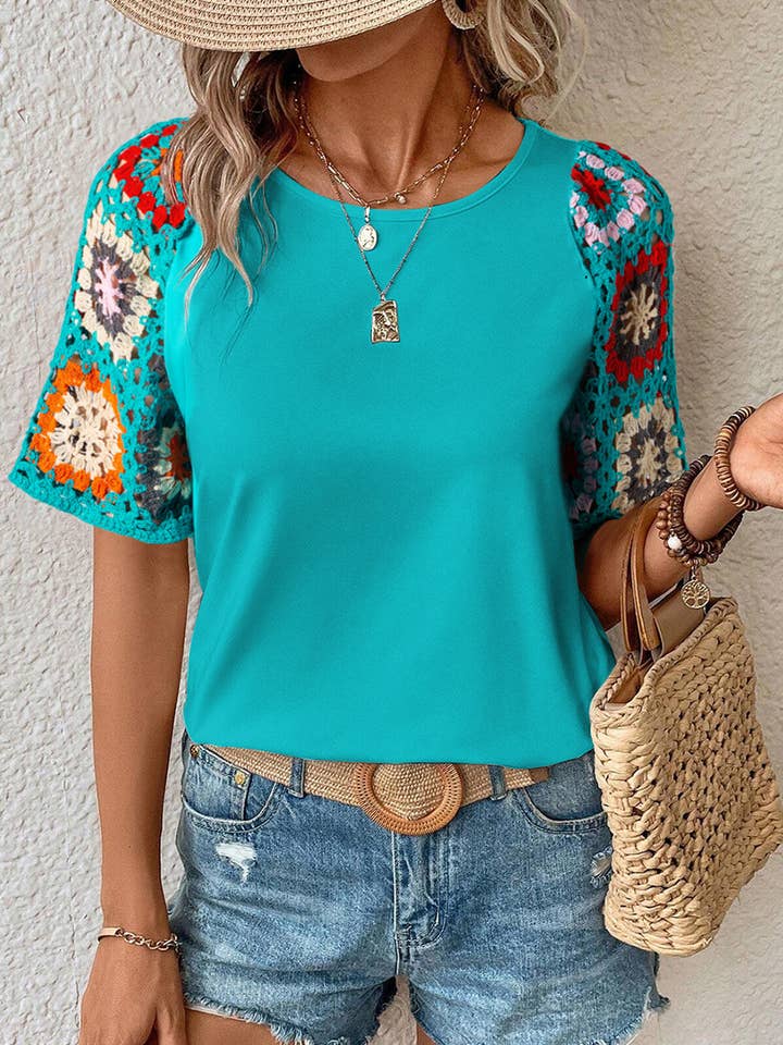 Lovesoft - Wholesale Knit Top - Women's - Casual Round Neck Half Sleeve Top Floral Crochet T Shirt