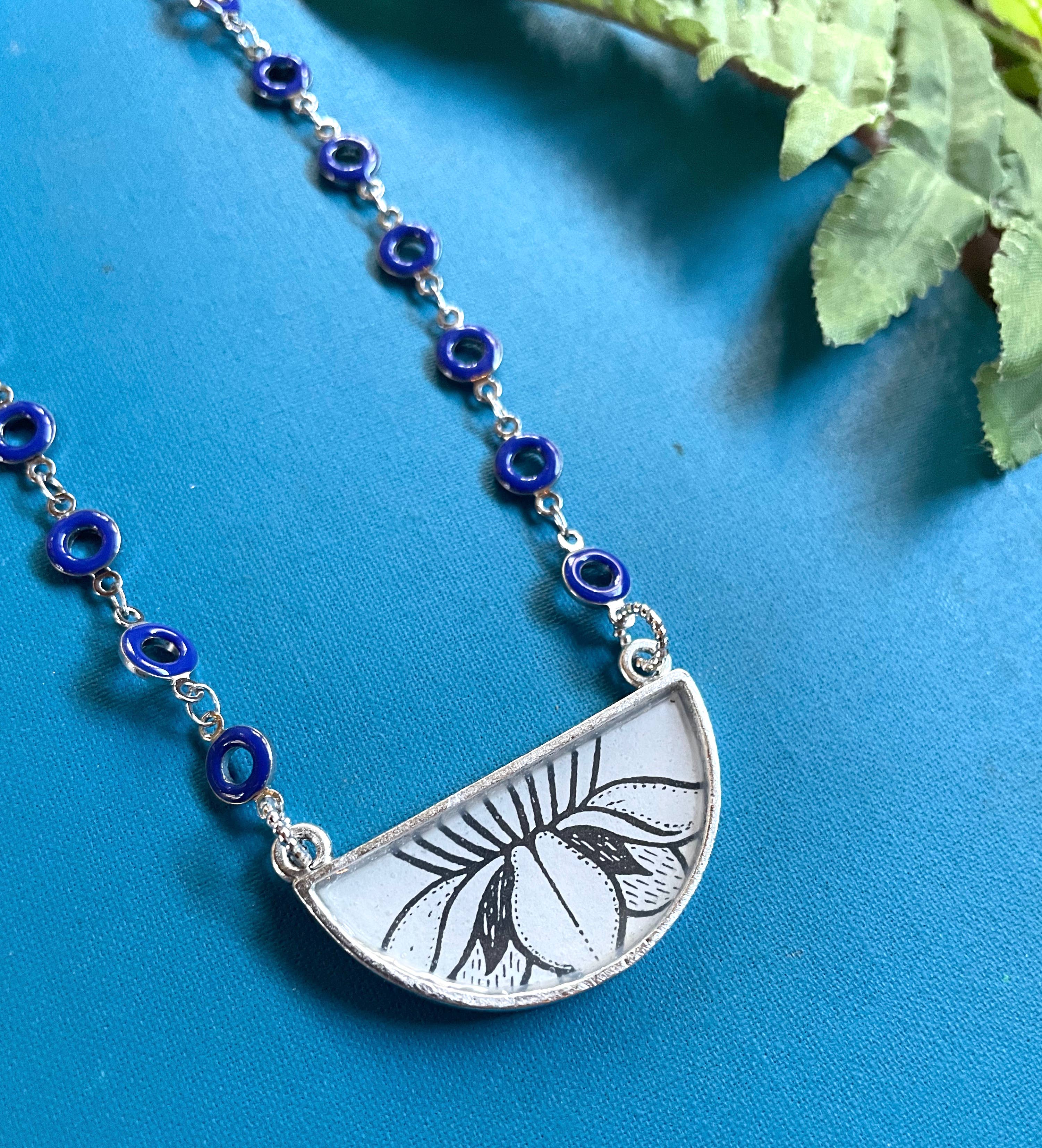 joeyfivecents - Wholesale Pendant/charm necklace - Art Deco Demi crescent necklace- b&w botanicals cobalt chain3