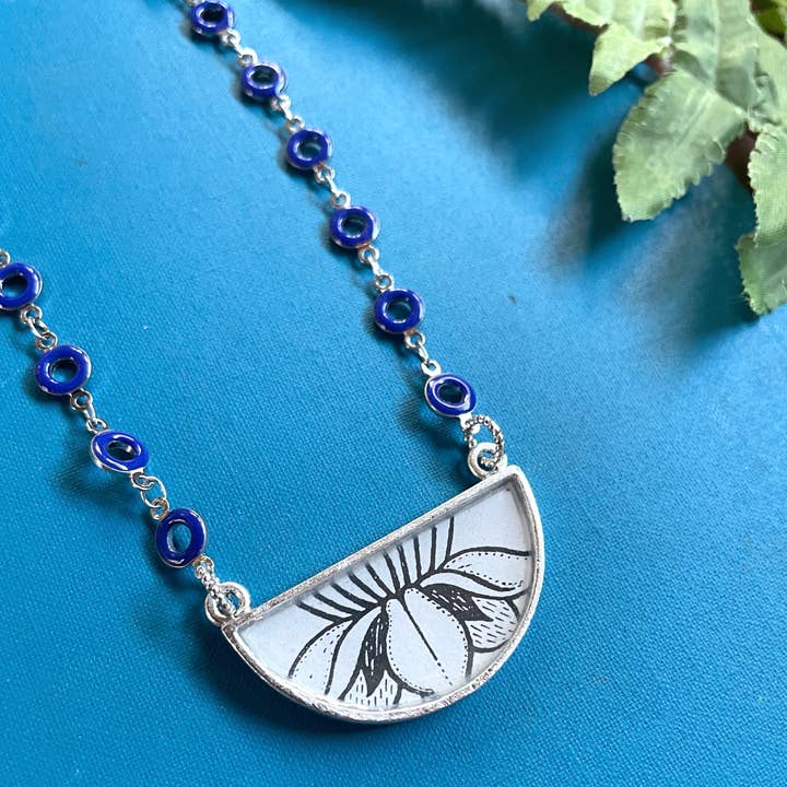 joeyfivecents - Wholesale Pendant/charm necklace - Art Deco Demi crescent necklace- b&w botanicals cobalt chain3