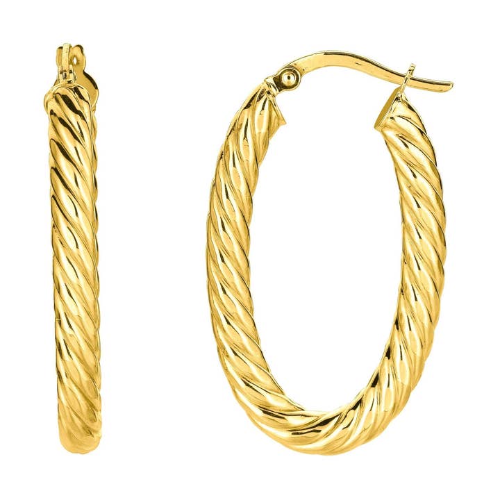 Boucles d'oreilles créoles torsadées ovales brillantes en or jaune 14 ct avec fermoir à charnière pour la vente par The Diamond Deal