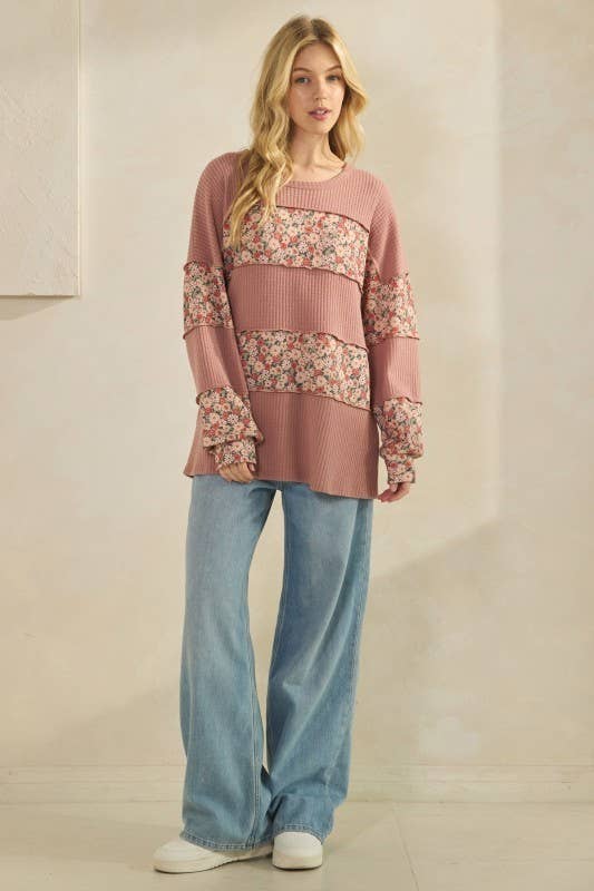 SENNEP T4479HE11-Solid og Blomstret Kontrast Langærmet Top for engroshandel på Faire11