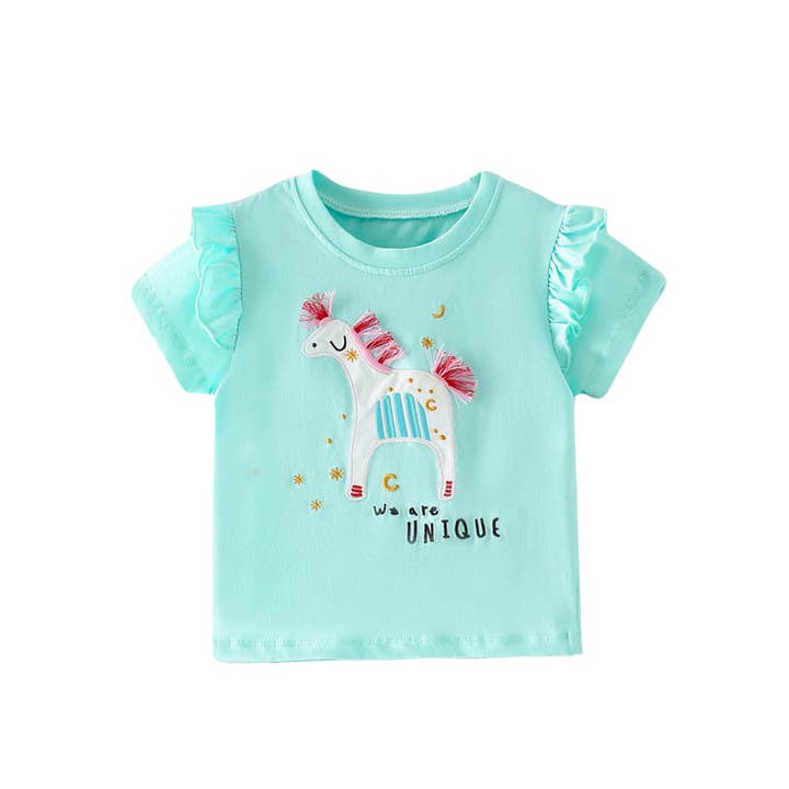 cyan 18M-7Y Toddler Girls Casual Round Neck Shorts Sleeves T-Shirts Wholesale Girls Clothing V3824061800024 for wholesale on Faire