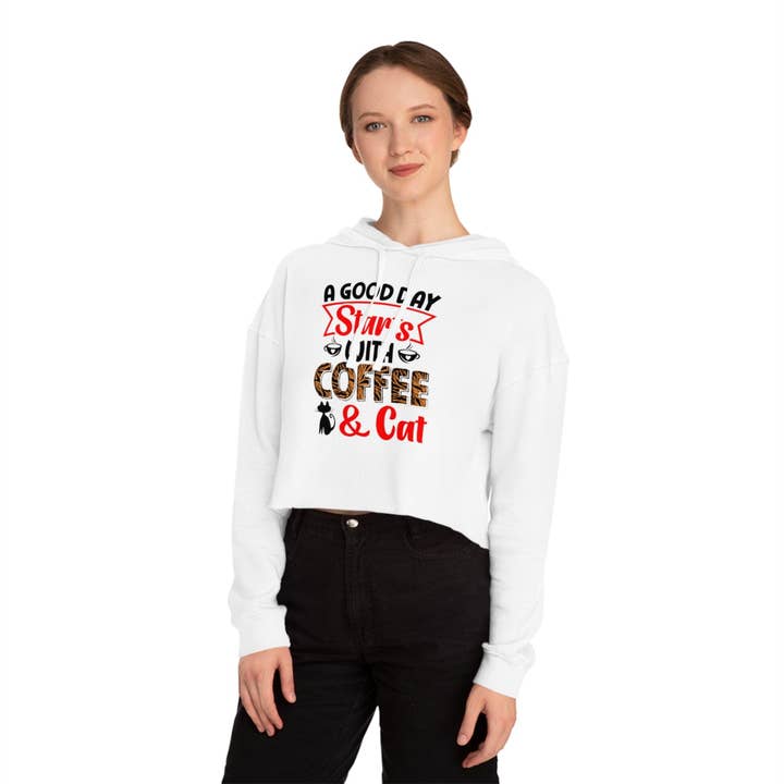 Women’s Cropped Hooded Sweatshirt With A Good Day Starts With Coffee /Cat Lover for wholesale by FG Apparels