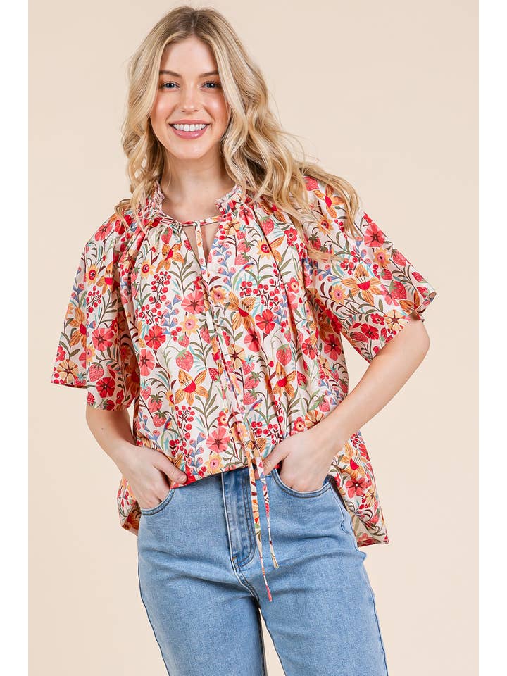 Dk Coral Multi Floral Short Sleeve Blouse, MT51756 for wholesale on Faire