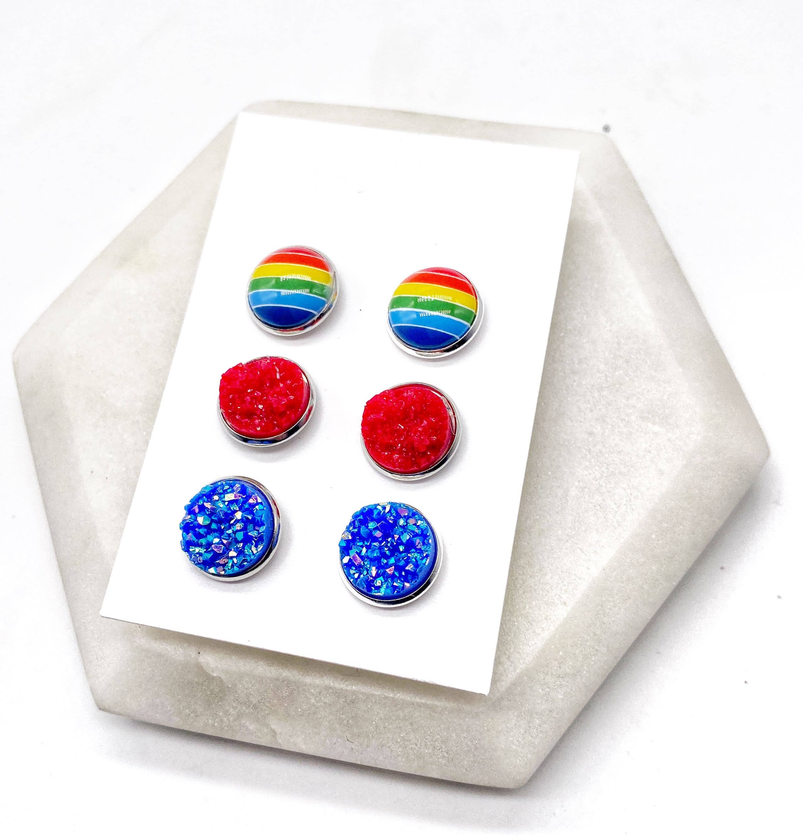 Baubles by B - Wholesale Jewelry Set - Classic Rainbow Druzy Stud Set Trio St Patricks4