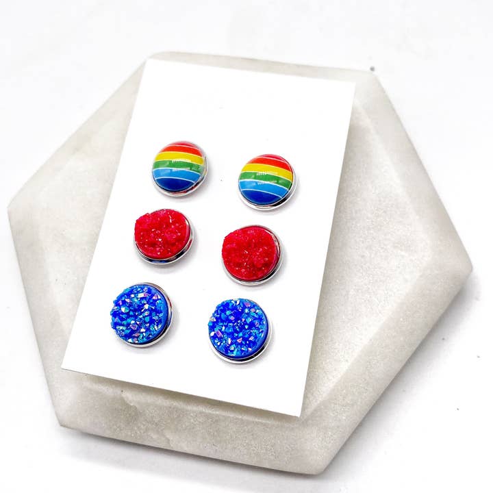 Baubles by B - Wholesale Jewelry Set - Classic Rainbow Druzy Stud Set Trio St Patricks4