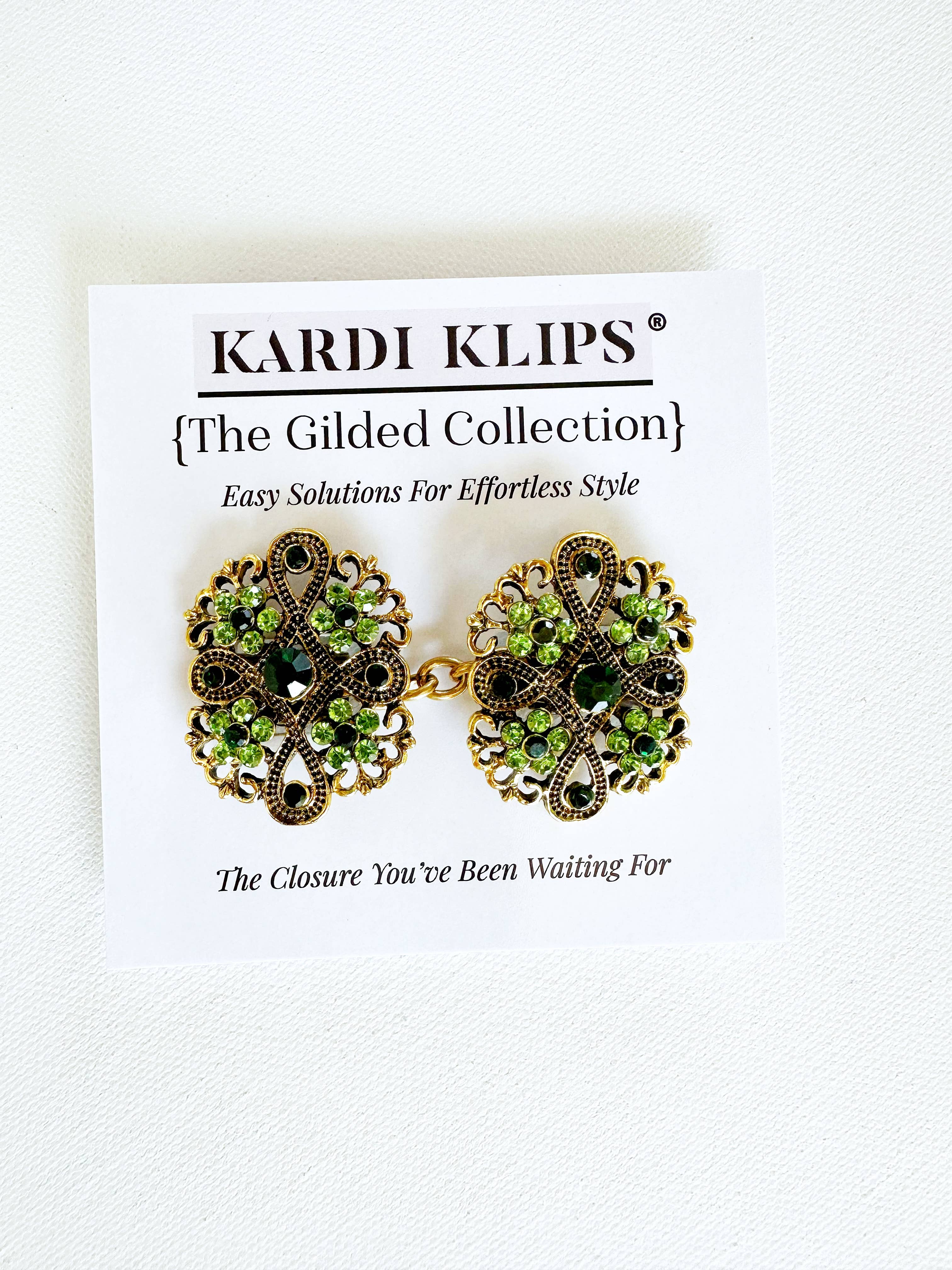KardiKlips - Wholesale Brooch - Green & Gold Cinch Clip, Gilded Sweater Clasp KardiKlip4