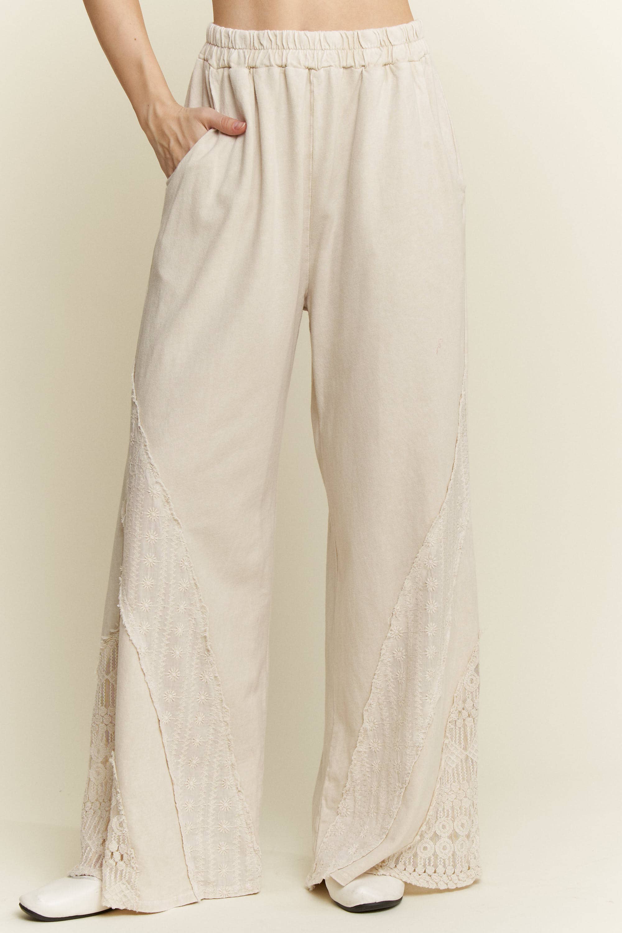 Natural Mineral Washed Eyelet Lace Detailed Pants HP6412 for wholesale on Faire4