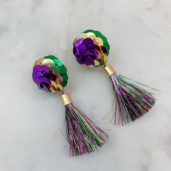 Mardi Gras Earrings, Mardi Gras Jewelry, Tassel Earrings for wholesale by Laalee Jewelry