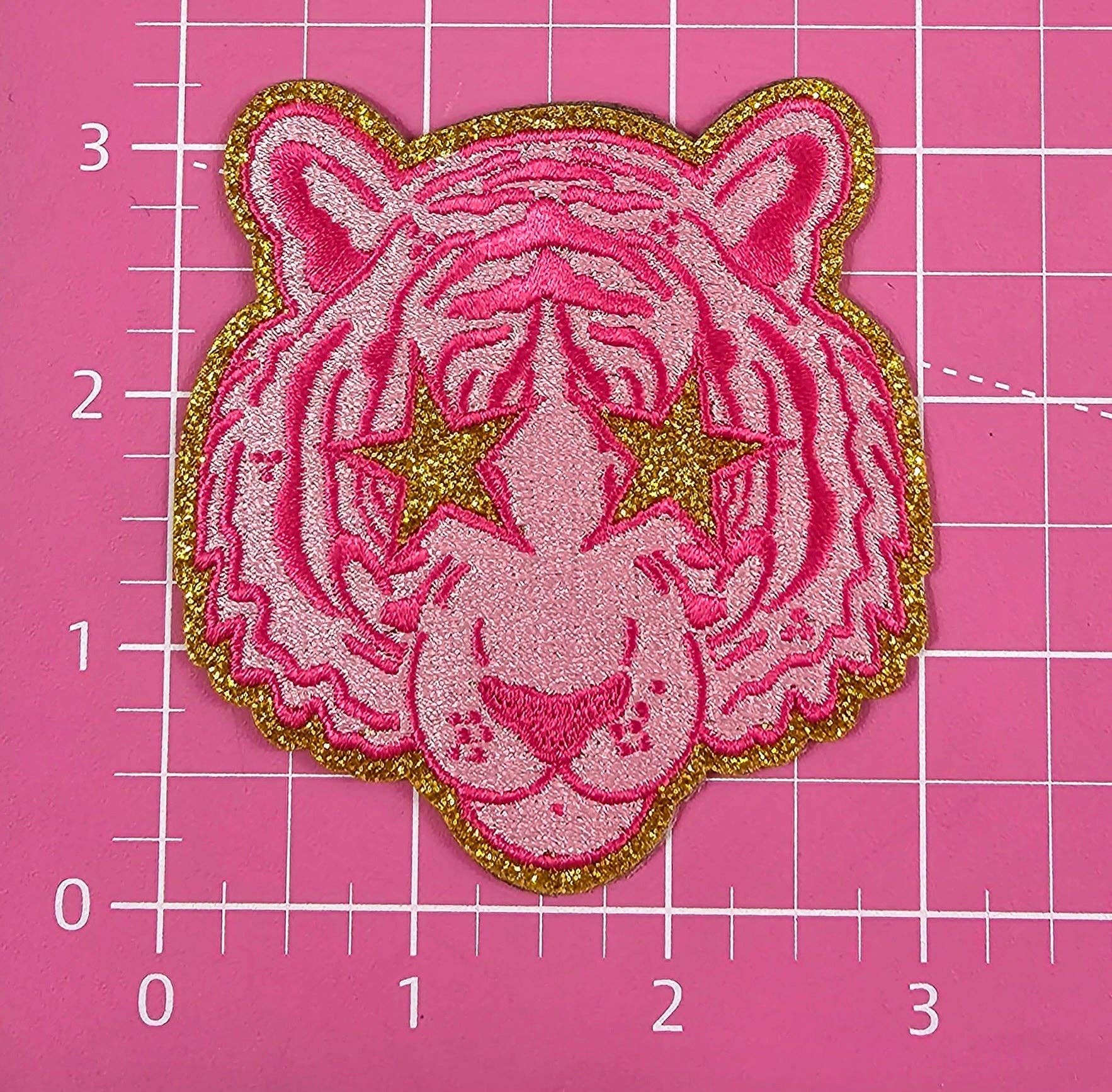 Scratch Decor - Wholesale Patch - Small Hot Pink Tiger Gold Glitter Mascot with Star Eyes Embroidery Iron On Patch1