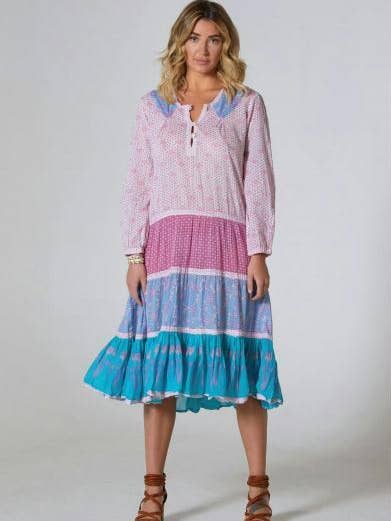 Cora Trykt Midi Kjole Patchwork Pink for engroshandel hos Blue Boheme