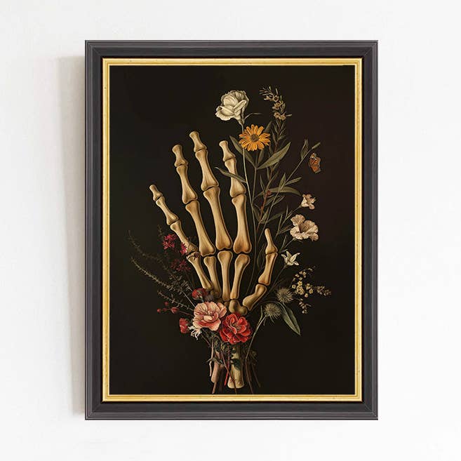 Skeleton Hand & Flowers Art Print for wholesale by Paper House Print Shop