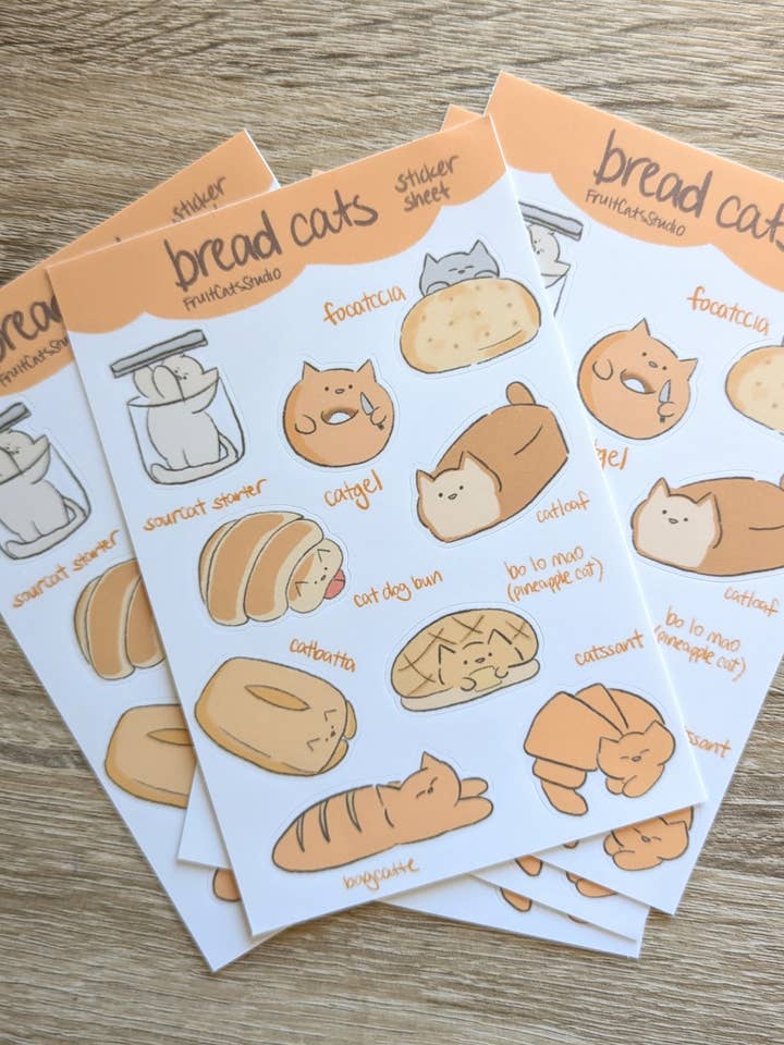Feuille d'autocollants Chats Pain pour la vente par Fruit Cats Studio