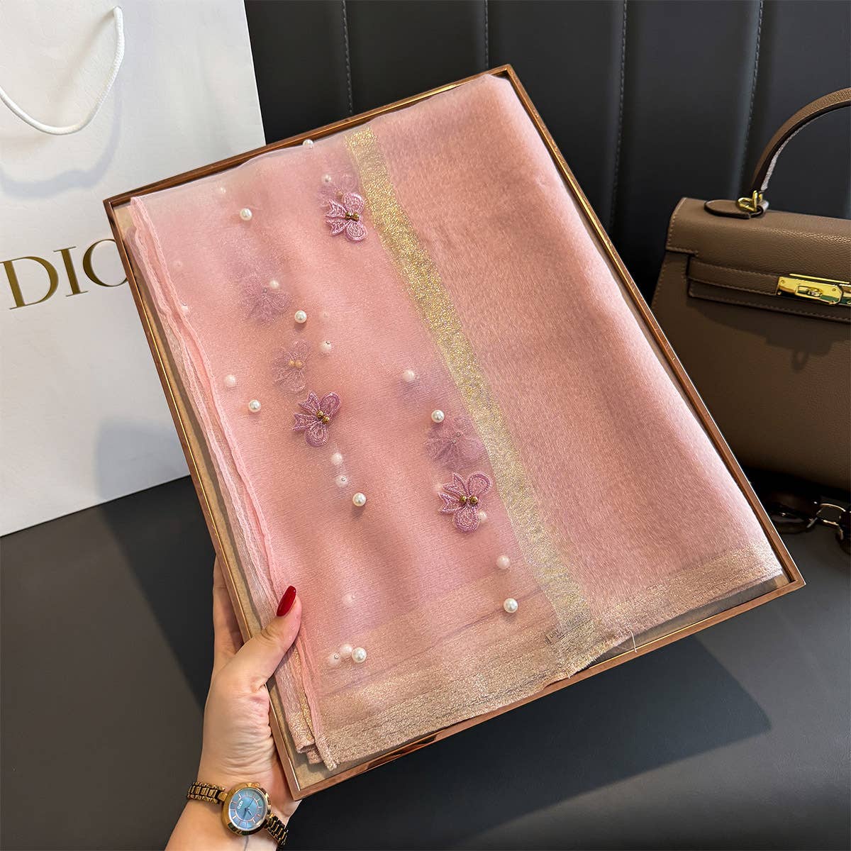 PEACH ACCESSORIES – wholesale Scarf – Women's – Silk Scarf with Embroidered Bows & Pearls15