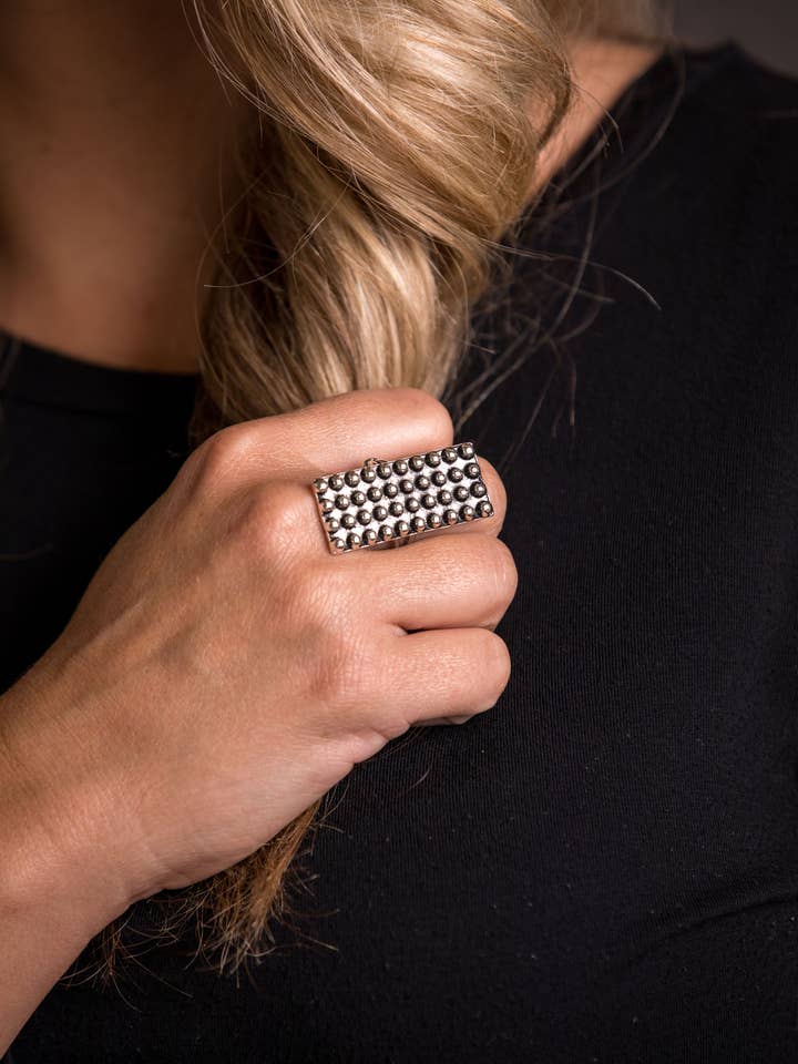 1.5" Adjustable Burnished Silver Rectangular Dotted Ring for wholesale by West & Co.