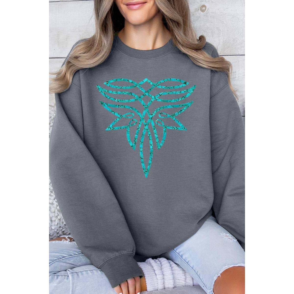 COLORBEAR – Engroshandel Grafisk Sweatshirt - Dame – Turkis Boot Stitch Graphic Fleece Sweatshirts2