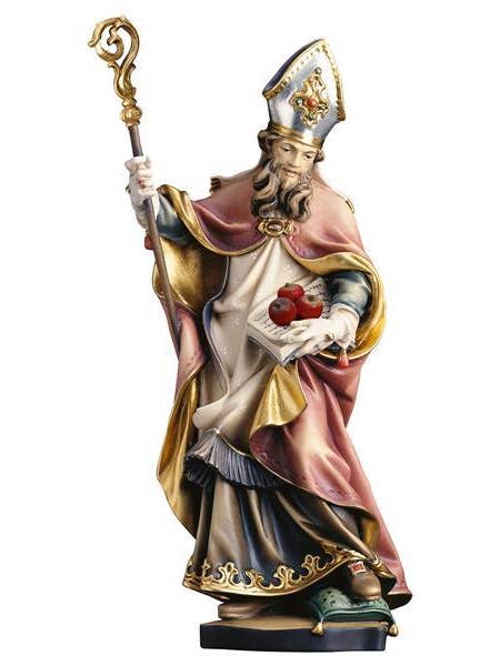Statue of Saint Nicholas with apples in carved wood for wholesale by Costa Articoli Religiosi
