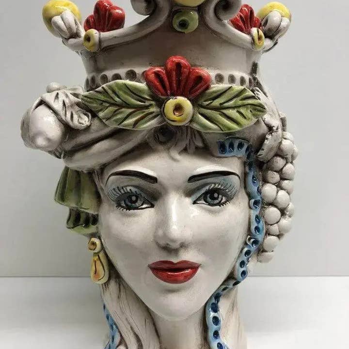 DD Ceramiche Siciliane - Vendita all'ingrosso Statuette decorative - Teste di Moro Classica Corona Sfere Giallo Ceramica Caltagirone cm H.28 L.20 Artigianale4