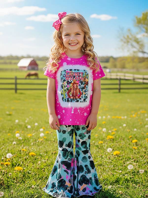 DLH2735 Pink short sleeve top bell bottom 2pcs girls set for wholesale by luluclothes