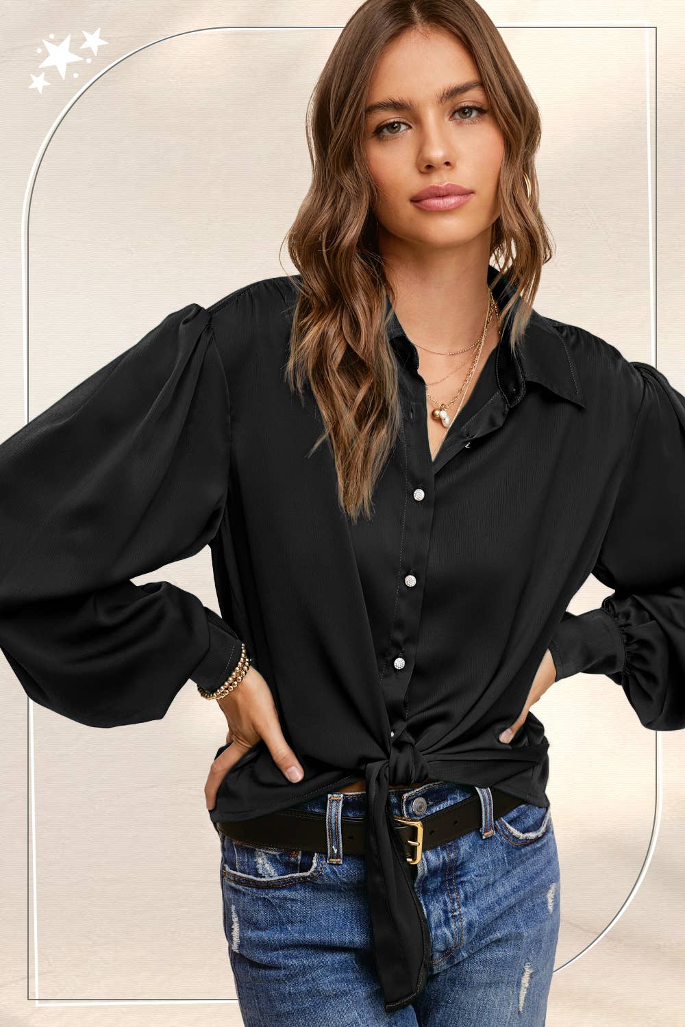 La Miel - Wholesale Button Down Shirt - Women's - SRT7806-Flowy Button Down Balloon Sleeve Tie-Front Shirt15