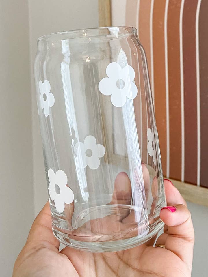 Retro Flower White Beer Can Glass for wholesale by Ivory Honey Designs