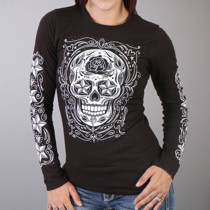 Hot Leathers GLC3183 Sugar Skull Black Long Sleeve Ladies T-Shirt for wholesale by Hot Leathers
