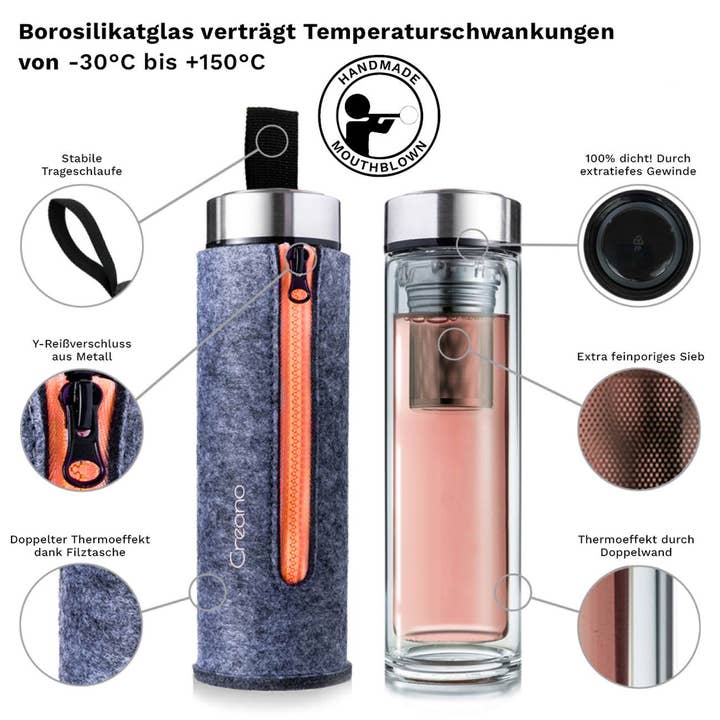 Creano – Coador/infusor de chá por atacado – Máquina de chá de parede dupla incl. saco de feltro (400ml); laranja3