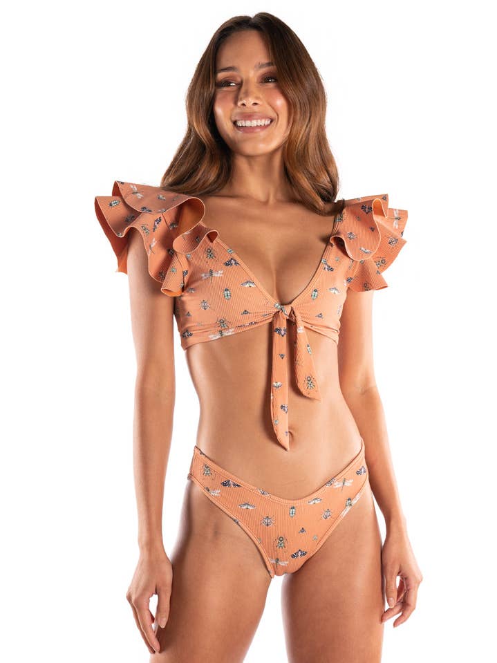 Silvana Ruffle Sleeve Bikini Top in Ribbed Print Fabric for wholesale by SANLIER