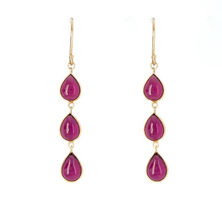Rhodolite Garnet triple drop earrings in 14k gold for wholesale by Emily Amey Jewelry