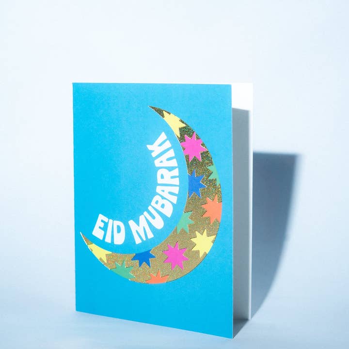 Eid Mubarak Greeting Card – Starry Crescent Moon Design for wholesale by The Ramadan Edit