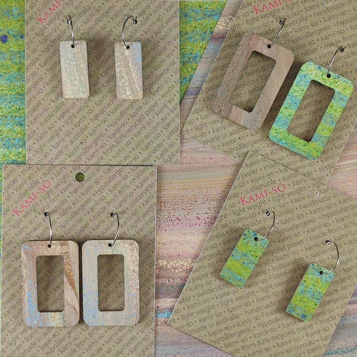 Reversible Rectangle Recycled Paper Earrings - Muted Slate Crackle / Blue Green Speckle for wholesale by Kami-so