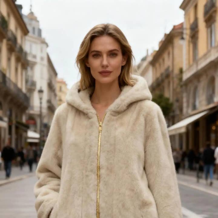 MCZJBE Taille Unique Veste à Capuche en Fausse Fourrure Beige avec Fermeture Éclair pour la vente par LOOWIE