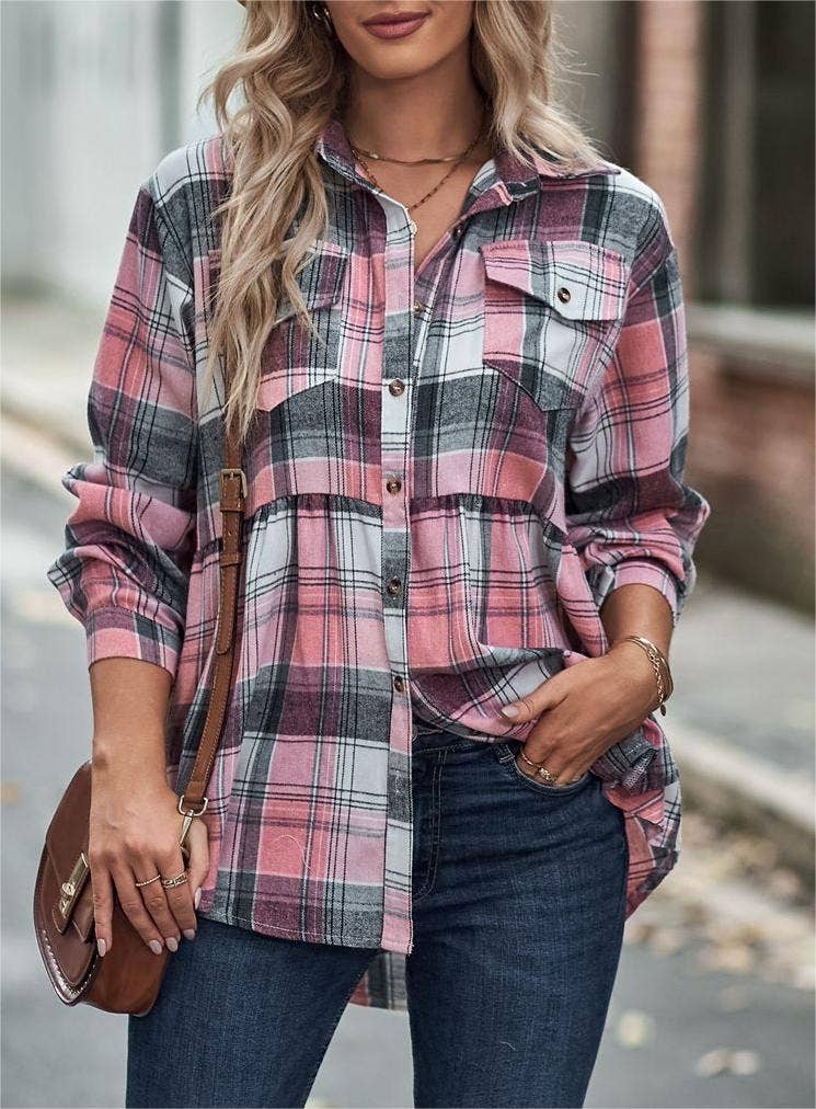Rosa Clothing - Wholesale Button Down Shirt - Women's - Pocket long-sleeve plaid shirt jacket18
