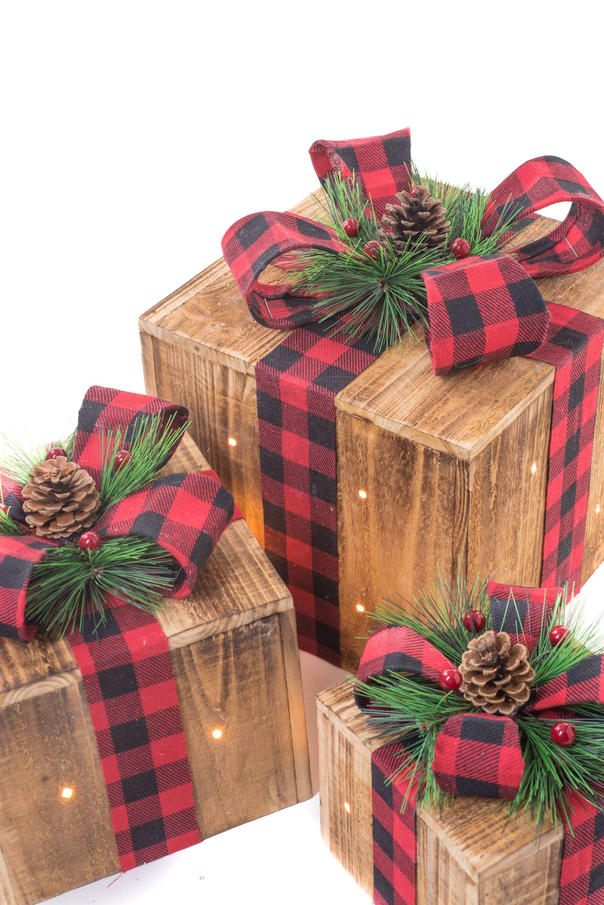 Starlight Collection - Wholesale Christmas Decoration - Umber Illuminated 3 Piece Present Set w/ Plaid Ribbon1