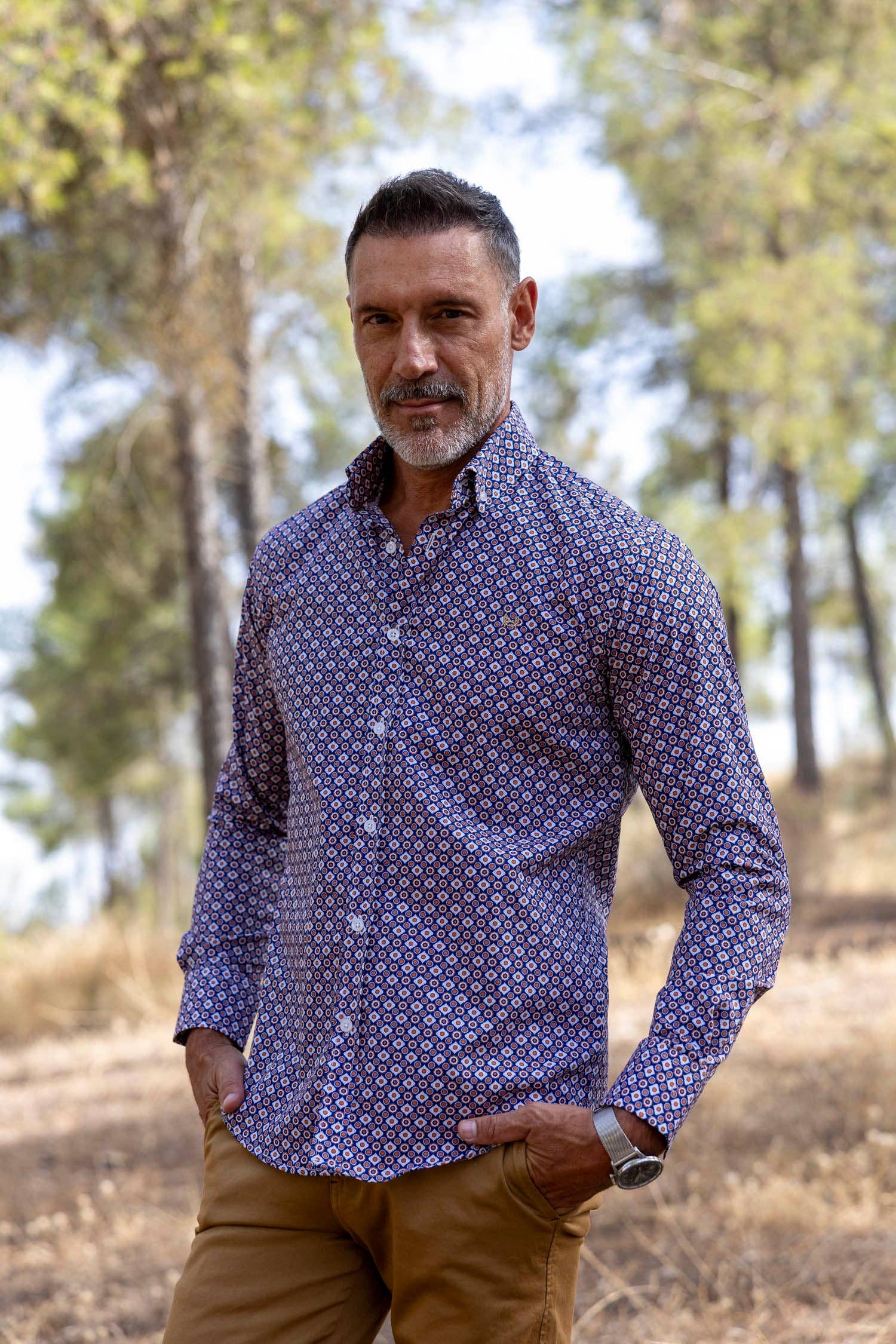 Custi Mikelo: Men's Clothing & Christmas Gifts - Wholesale Button Down Shirt - Men's - Blue Orange Printed Shirt | Fuenlabrada2