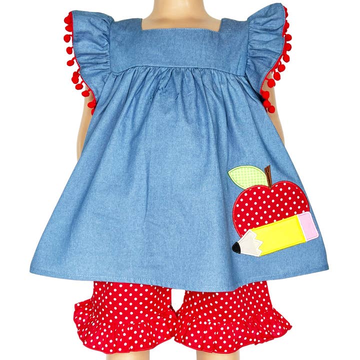 AnnLoren - Wholesale Top & Short Set - Kids - Big Girls Blue Chambray Apple top with Red polka Dot Shorts