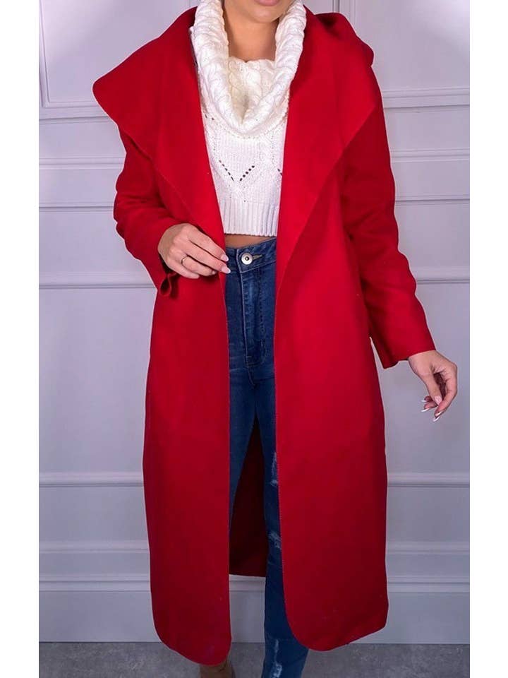 Femme Luxe - Wholesale Coat - Women's - Red Waterfall Duster Belted Long Coat - Pola