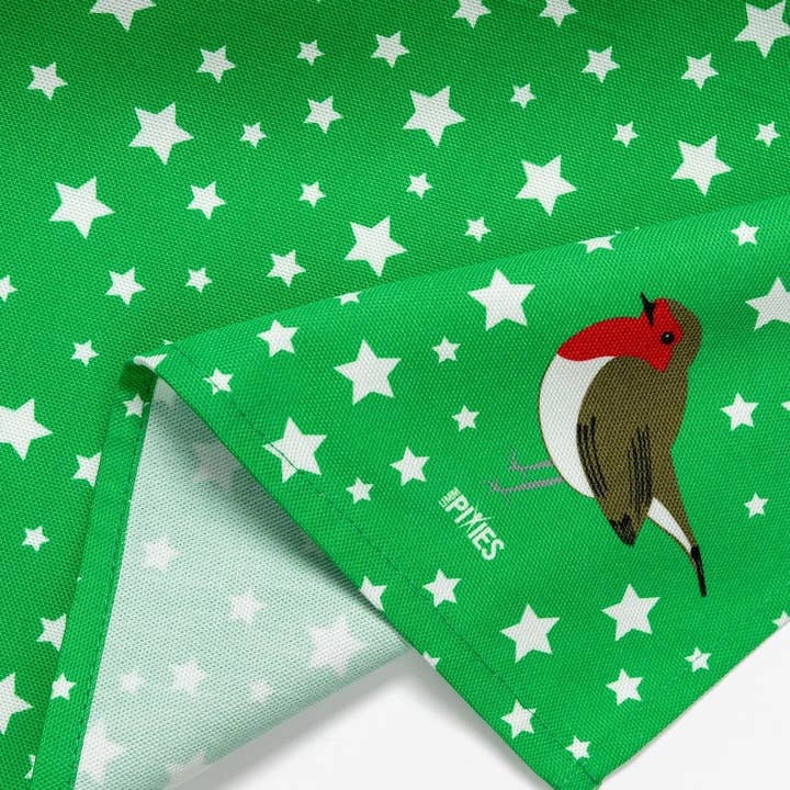 Limited Edition Festive Green Robin & Stars Colourful Tea towel for wholesale by UmmPixies