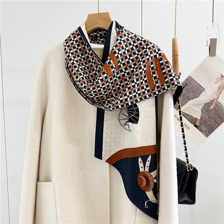 Horse Carriage Print Twilly – Reversible Silk Wool Scarf for Winter for wholesale by SueSilkHK