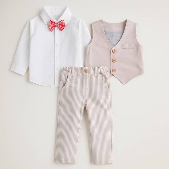 Fennco Styles - Wholesale Clothing Set - Baby - Khaki White Formal Wear Shirt, Pants & Vest 3pcs Boy Outfit0